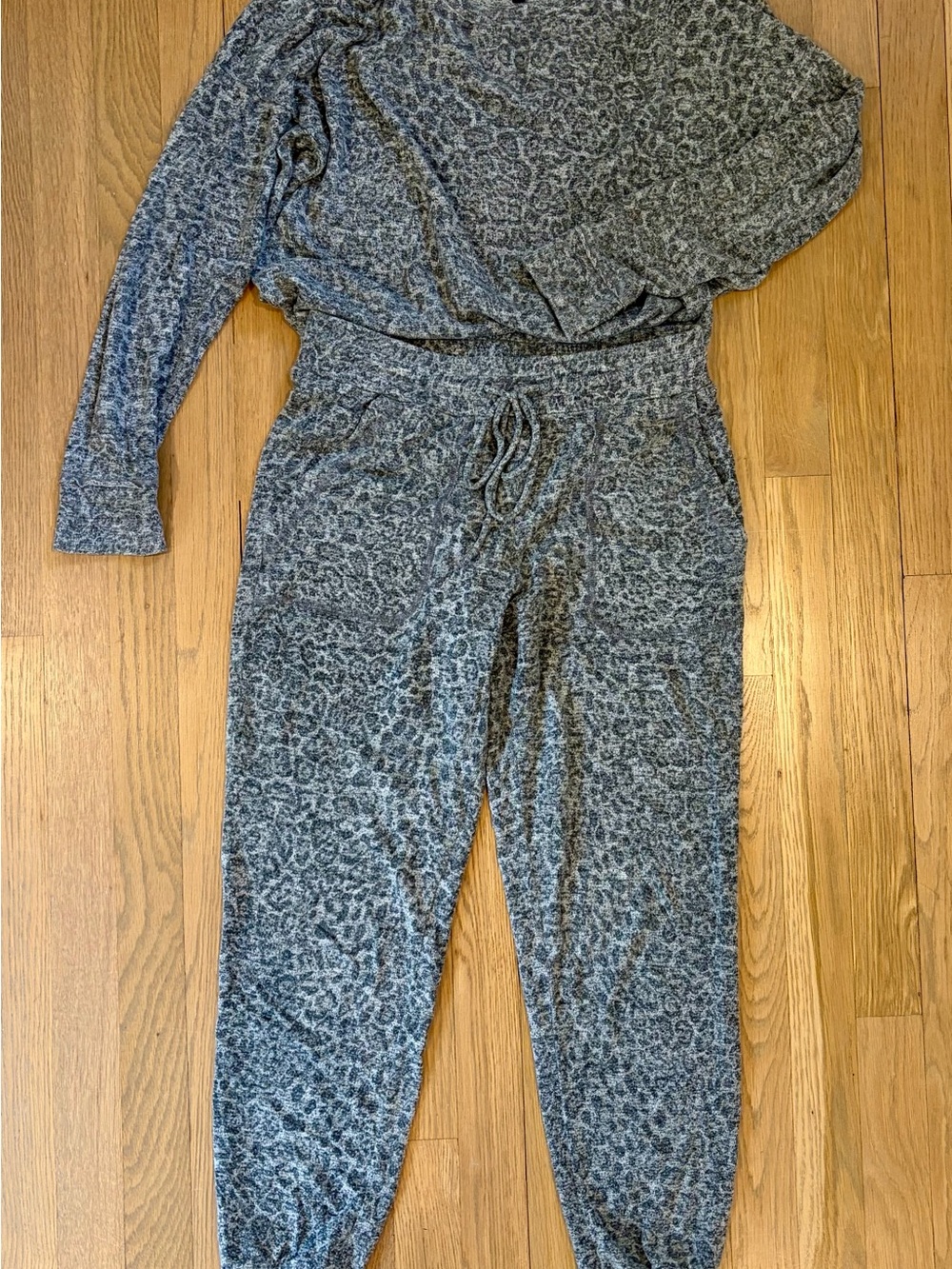Gibson Gray Leopard Print Drawstring Jumpsuit